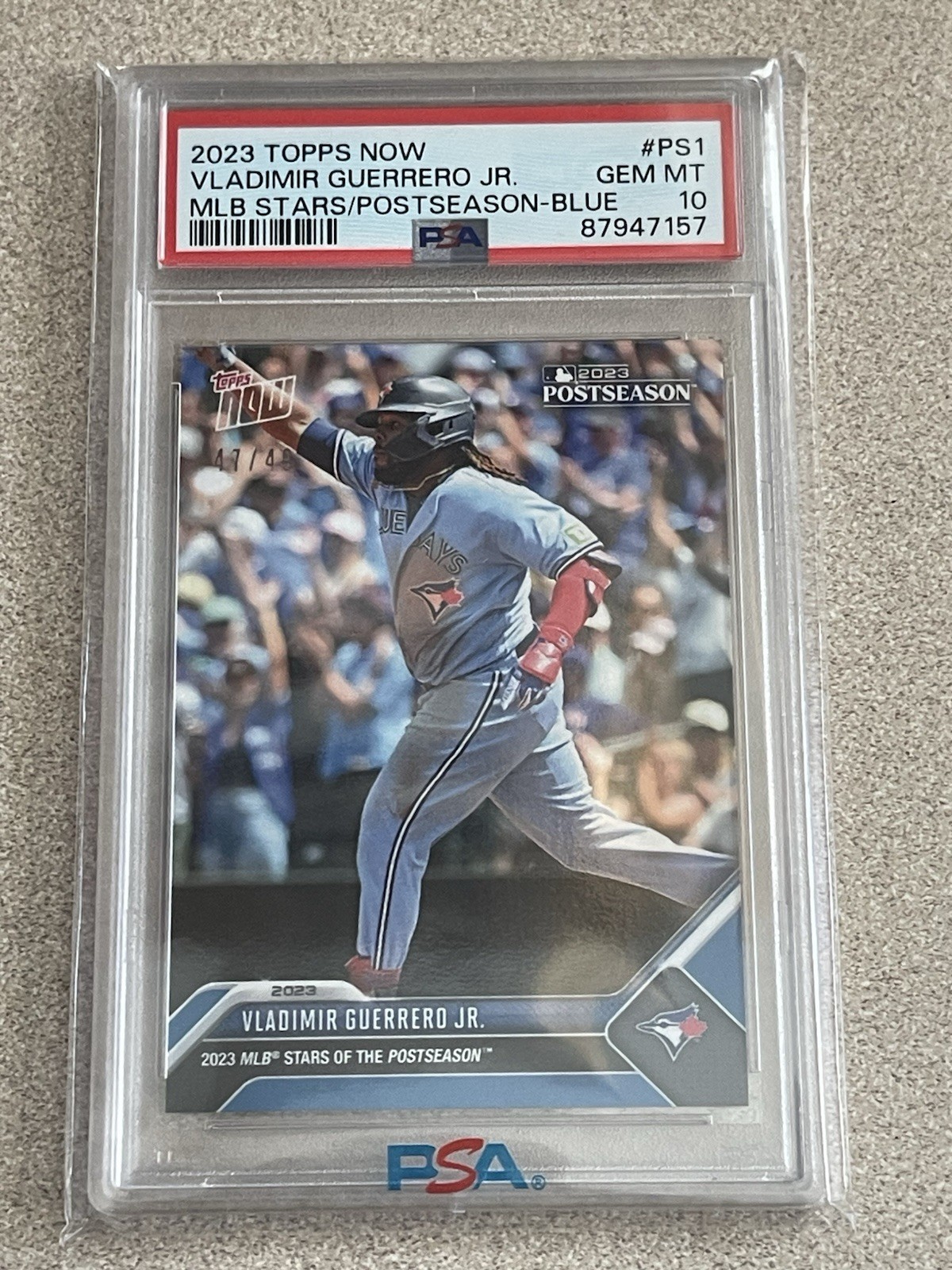 Vladimir Guerrero Jr. 2023 Topps Now PS1 Blue /49 Postseason “Blue Jays” PSA 10 view 1
