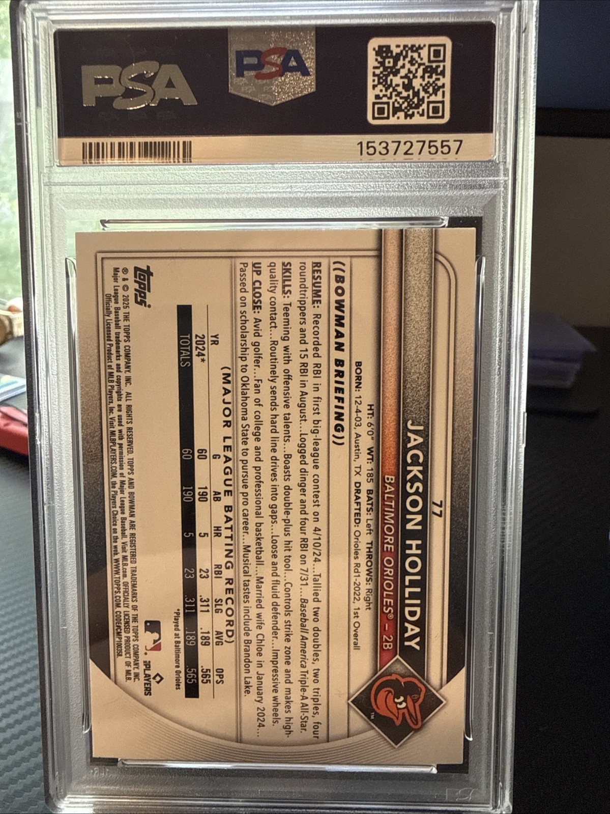 2025 Bowman Jackson Holliday #77 Yellow /75 PSA 10 Baltimore Orioles Low Pop view 2