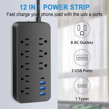 US Power Strip Surge Protector 8 AC Outlets 3 USB Ports  Type C Port 4 FT Cable