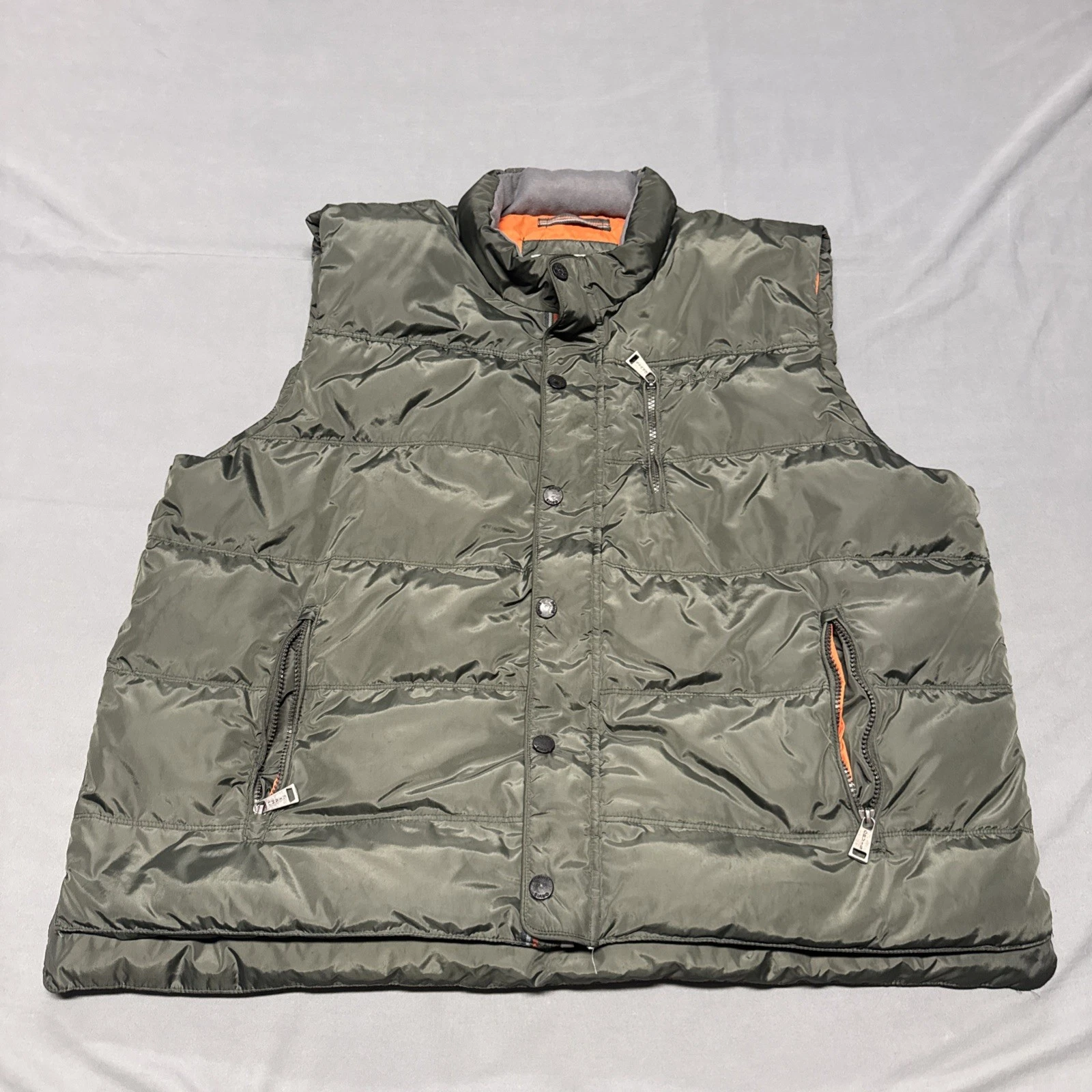 Orvis Puffer Vest Mens 2XL Green Orange Down Quilted Outdoor Hiking Warm