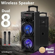 600W Dual 8'' Portable Bluetooth Party Speaker Wooden Cabinet W/2 Wireless Mics