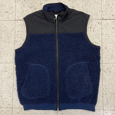 Albam Vest Wool Blend Deep Pile Sherpa Fleece Zip Up Navy L