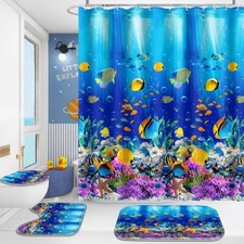 4 Pcs Bathroom Shower Curtain SetKid's Bathroom SetShower Curtain Sets with R...