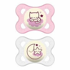 2 - MAM PINK GLOW IN THE DARK PACIFIERS - NIGHT COLLECTION - 0-6 MONTHS