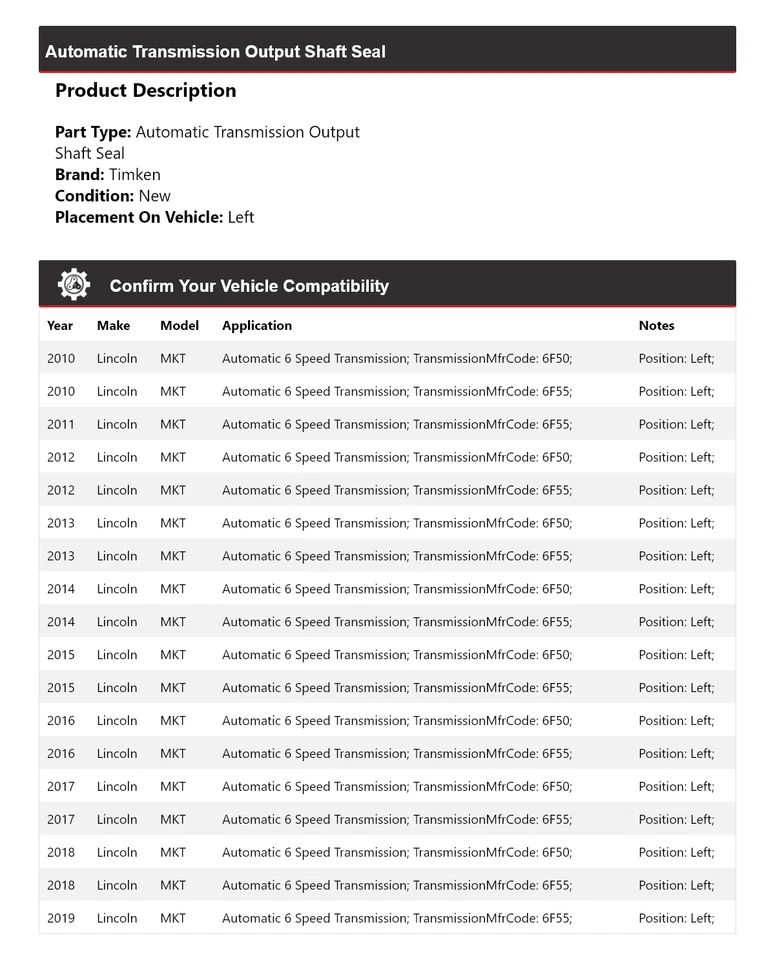 Sello del eje de salida de transmisión automática Timken izquierdo para Lincoln MKT 2010-2019 Foto 2 de 4