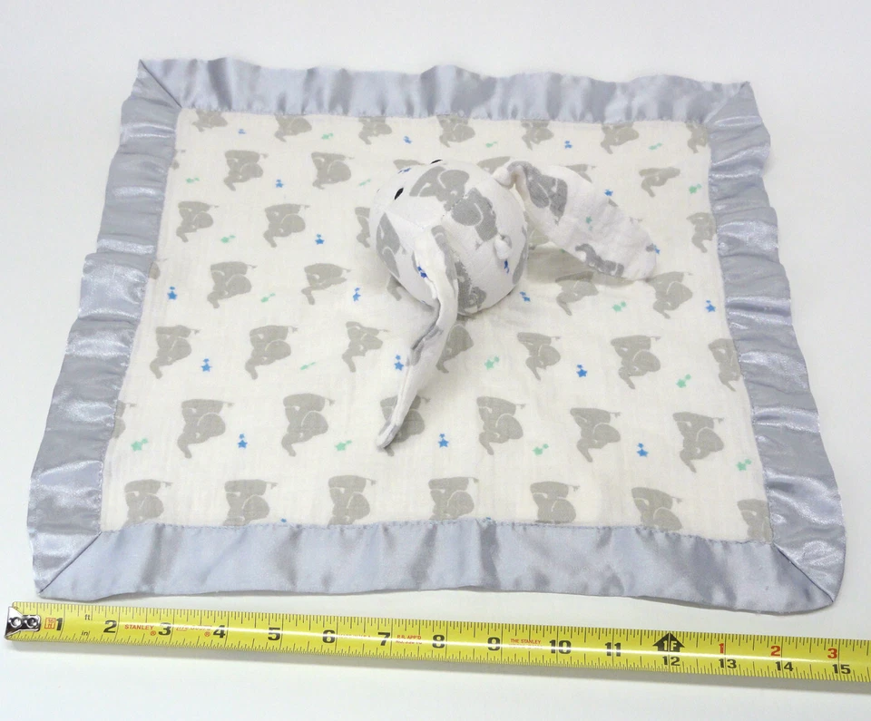 Aden+Anais Lovey Bunny Rabbit Elephant Stars Gray Satin Muslin Security Blanket - Image 4 of 4
