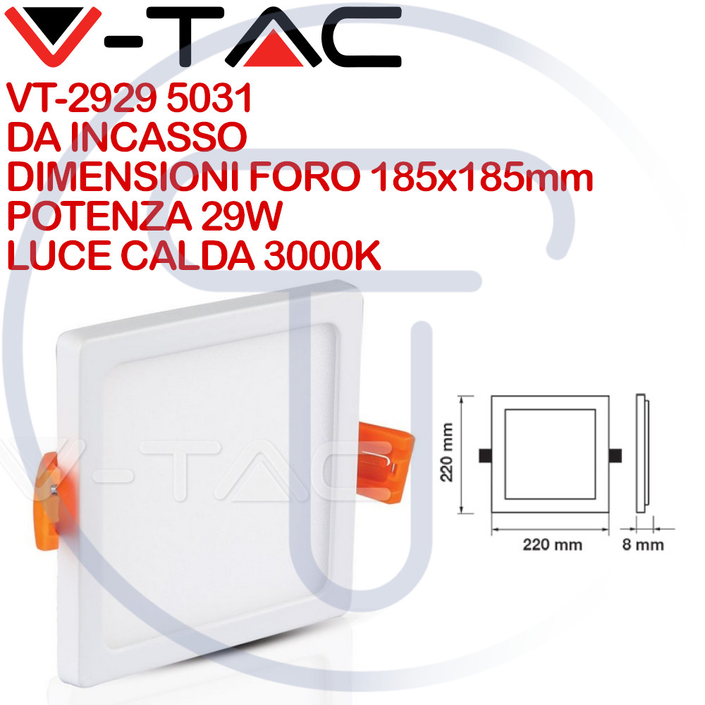 V-TAC VT-2929 5031 Pannello LED 29W Montaggio ad Incasso Quadro 3000K
