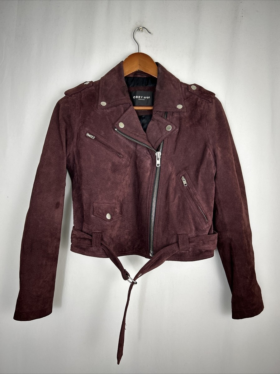 Obey burgundy wine suede leather biker jacket S Belted Stained