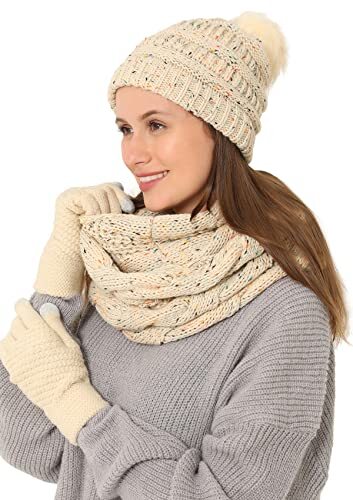 3pcs Women\'s Winter Beanie Hat Scarf and Touch Screen Gloves Set 3 Pcs Winter Satin Silk Lined Beanie Hat Long Knit Scarf  main image 2