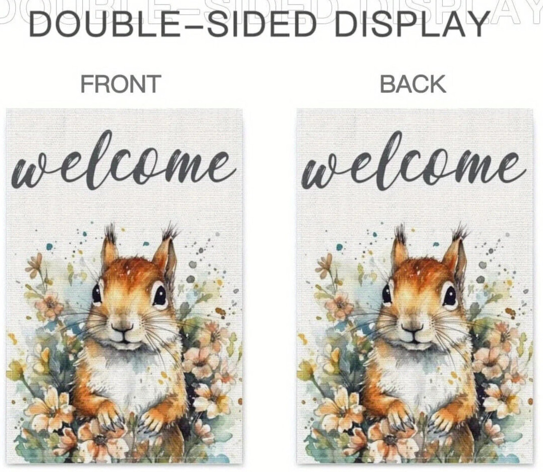 Squirrel In The Flowers Welcome, 2-Sided Burlap Type Outdoor Garden/Yard Flag