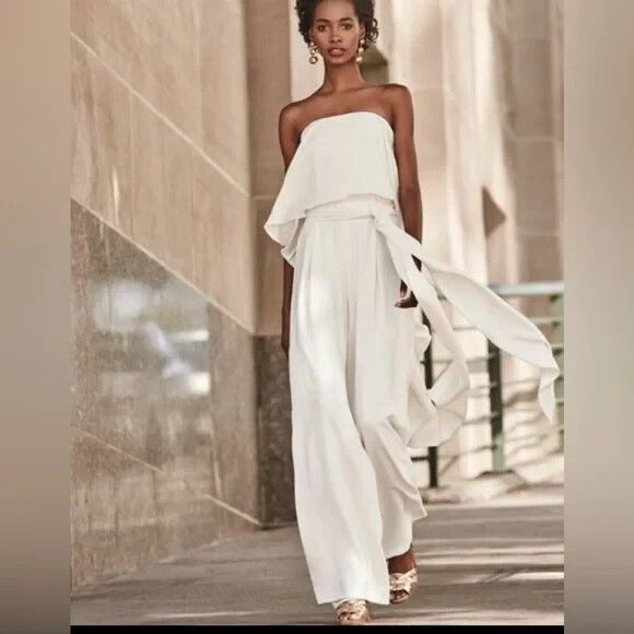 Halston Heritage Cream Strapless Wide-Leg Jumpsuit w/ Flowy