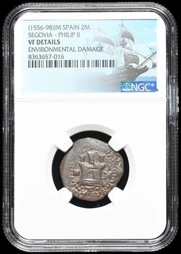 COLONIAL ERA SPAIN. Philip II, 1556-1598. Copper 2 Maravedis, NGC VF Details