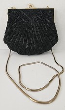 Vtg Beaded Clam Shaped Clutch Purse W/ Gold Chain Black