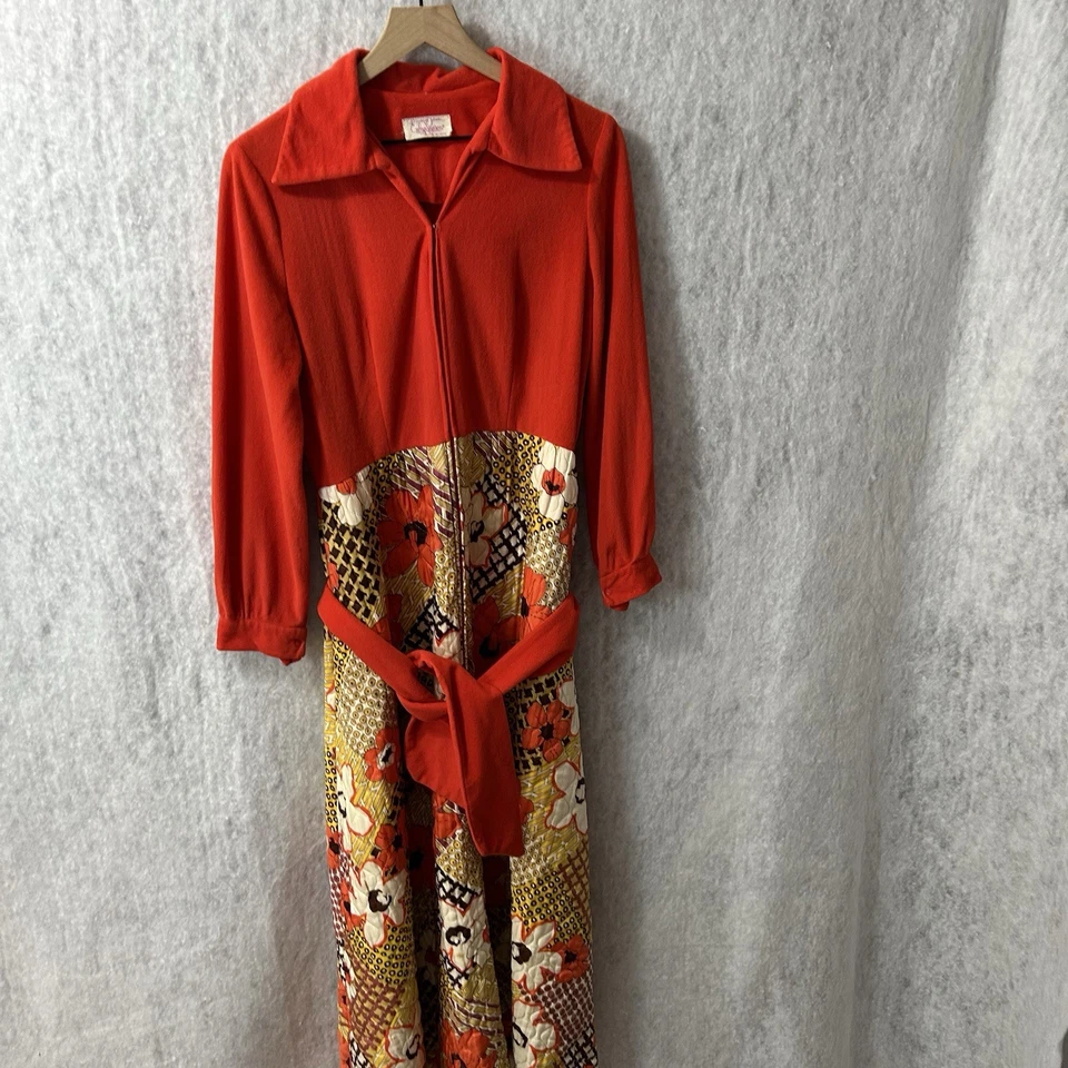 Vtg 1960s Evelyn Pearson Hostess Dress Orange Floral MOD MCM W/Flaw Lounge Gown - Image 2 of 4