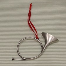 Vintage Christmas Ornament Silver Metal French Horn Fox Hound Bugle Hunting