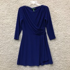 LRL Ralph Lauren Dress 8 Adult Blue Wrap V Neck 3/4 Sleeve Mini Stretch Womens