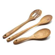 3-In-1 Wooden Spoons Handcrafted Golden Teak Kitchen Utensils Including 13.5 ...