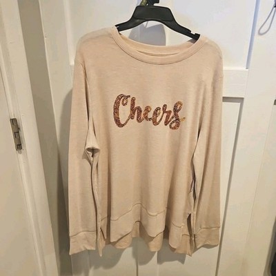 HOLIDAY TIME Top,  Women's Long Sleeve XL Tan W/Glitter ''Cheers''  NWT