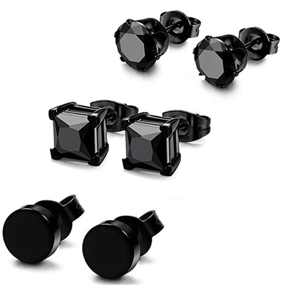#ad #ad Stainless Steel Black Stud Earring Square Round Diamond CZ Studs Set 6mm $20.99