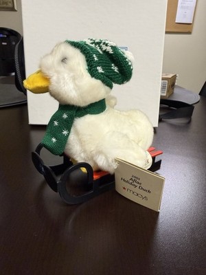 2005 AFLAC 6 Zoll Plüsch sprechende Ente auf Schlitten Weihnachten Winter Macys spricht nicht