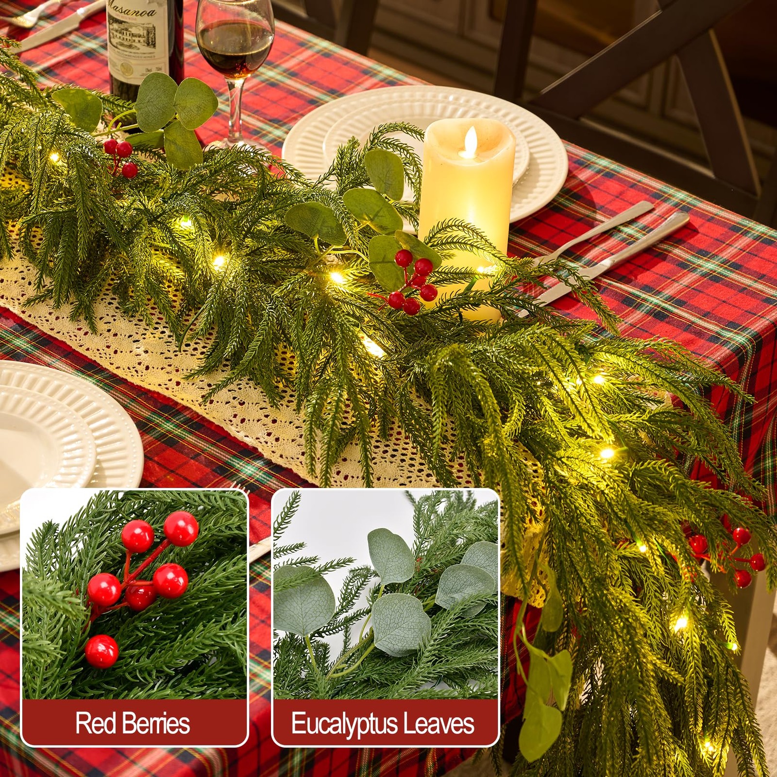9FT Christmas Garland with Lights, Battery Operated Garland with Red Berries ...