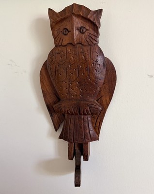 Vintage Handmade Wood Owl Coat Hat Hook Mechanical Wall Art Wings Expand