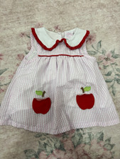 Stitchy Fish Girls 5T Pink White Striped Collared Apple Applique Dress