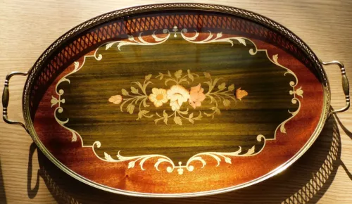 VTG Italian Decorative Wood Serving Tray 19x12", Elegant Craftsmanship Italy