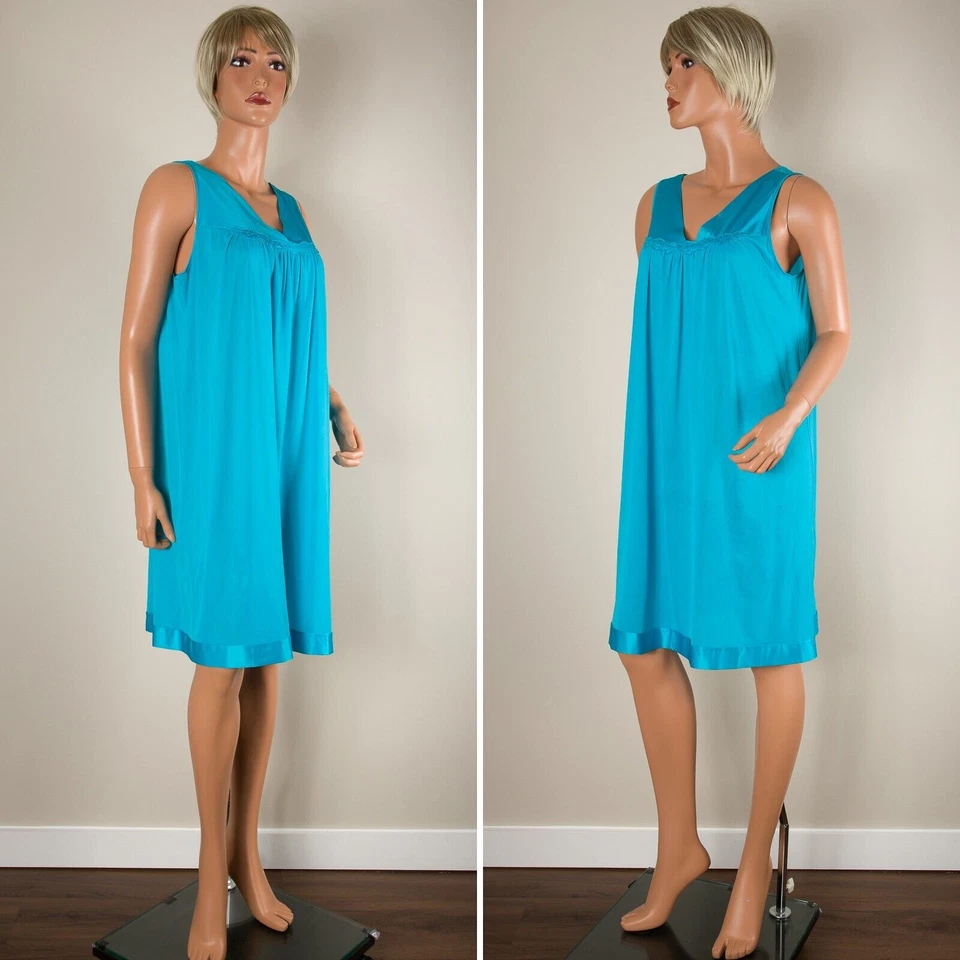 💖 VANITY FAIR Turquoise Blue Silky Nylon Nightgown Sleeveless Satin Banded M Foto 2 de 4