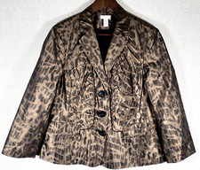 CHICOS Jacket 2 Brown Leopard Button Front Ruched Shimmery Jacquard Animal Print