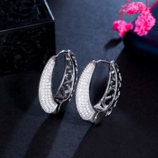 Women Cubic Zirconia Micro Paved Round Silver Plated Hoop Earrings Party Jewelry