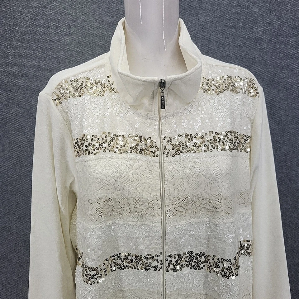 Quacker Factory Lace and Sequin Zip Front Velour Jacket 3X Plus Size Off White - Image 4 of 4