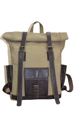 Leather Canvas Roll Top Backpack Flap Having 2 Zip Pocket Inside Push Lock close