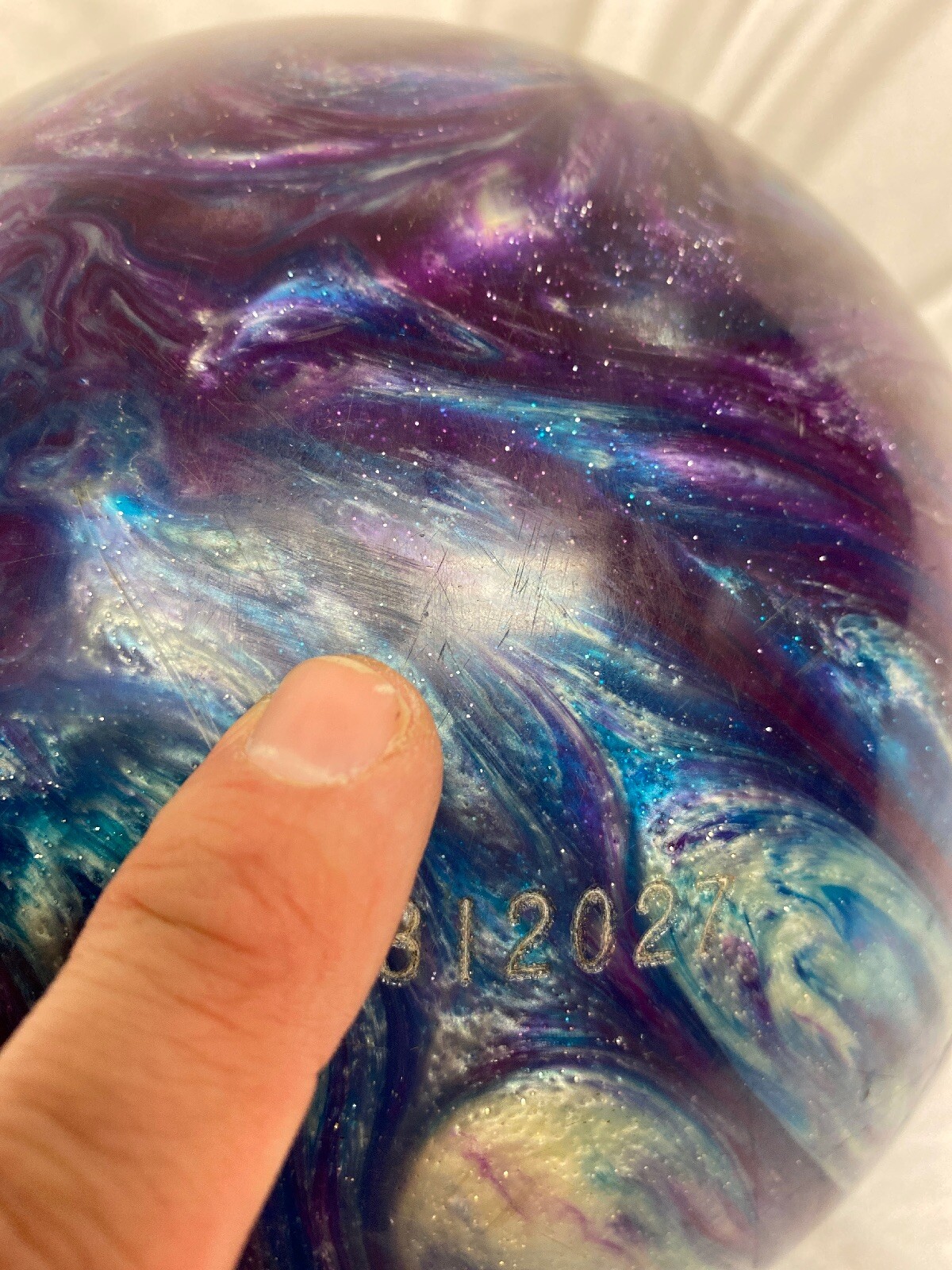 Vintage Ebonite Zoom Glow USED 8.5 Lb Bowling Ball Purple Turquoise Youth
