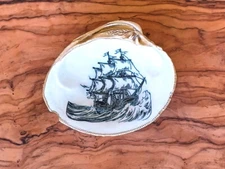 Handcrafted Pirate Ship Clam Shell Dish Nautical Decor Jewelry Holder Gift