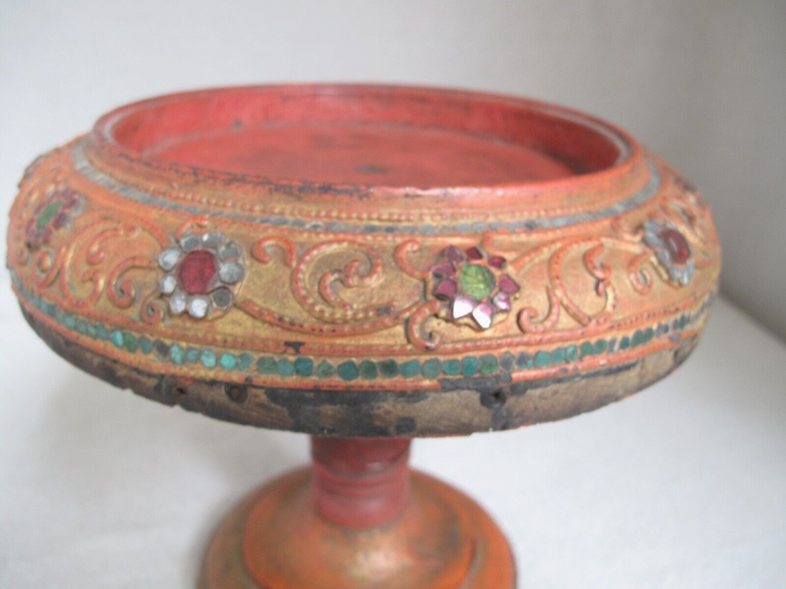 Antique Burmese Offering Vessel Base / Compote, Painted, small Glass Jewels 19c.