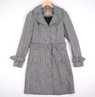 <!--F#f_0-->Review Womens Coat Size 6 Black White Herringbone Blue Stripe Long Ruffle Collar<!--F/-->