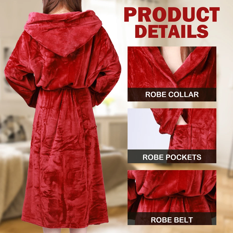 Batas de felpa para mujer albornoces de vellón suave camisón bata larga con capucha polar Foto 4 de 4