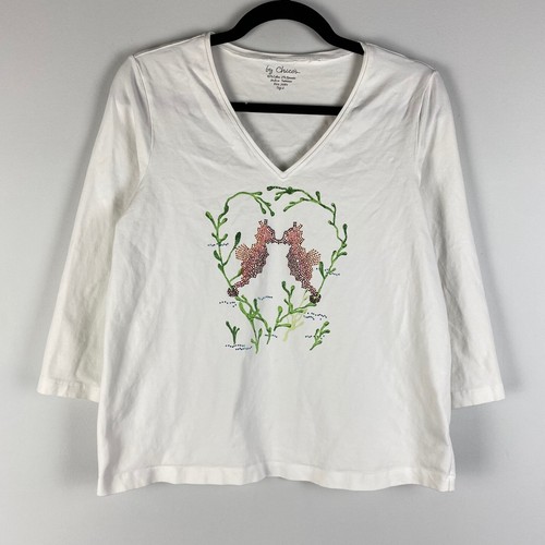 by Chicos T Shirt Womens 2 US Large Sequin Seahorse Heart V Neck 3/4 Sleeves