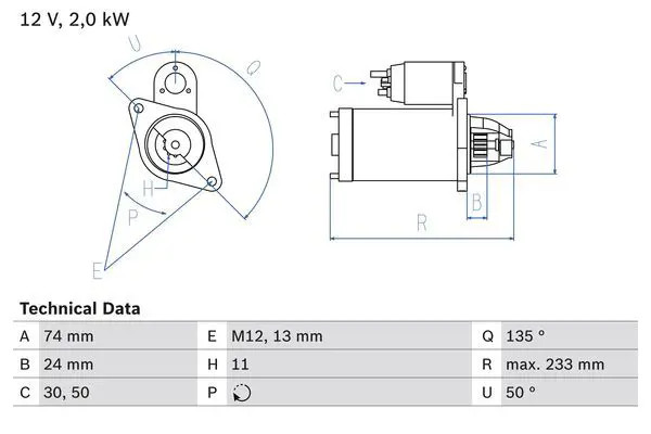 BOSCH 0 986 023 240 Motorino di avviamento Rendimento in fase d'avviamento: 2KW, Tensione: 12V, N° denti: 11 - Immagine 3
