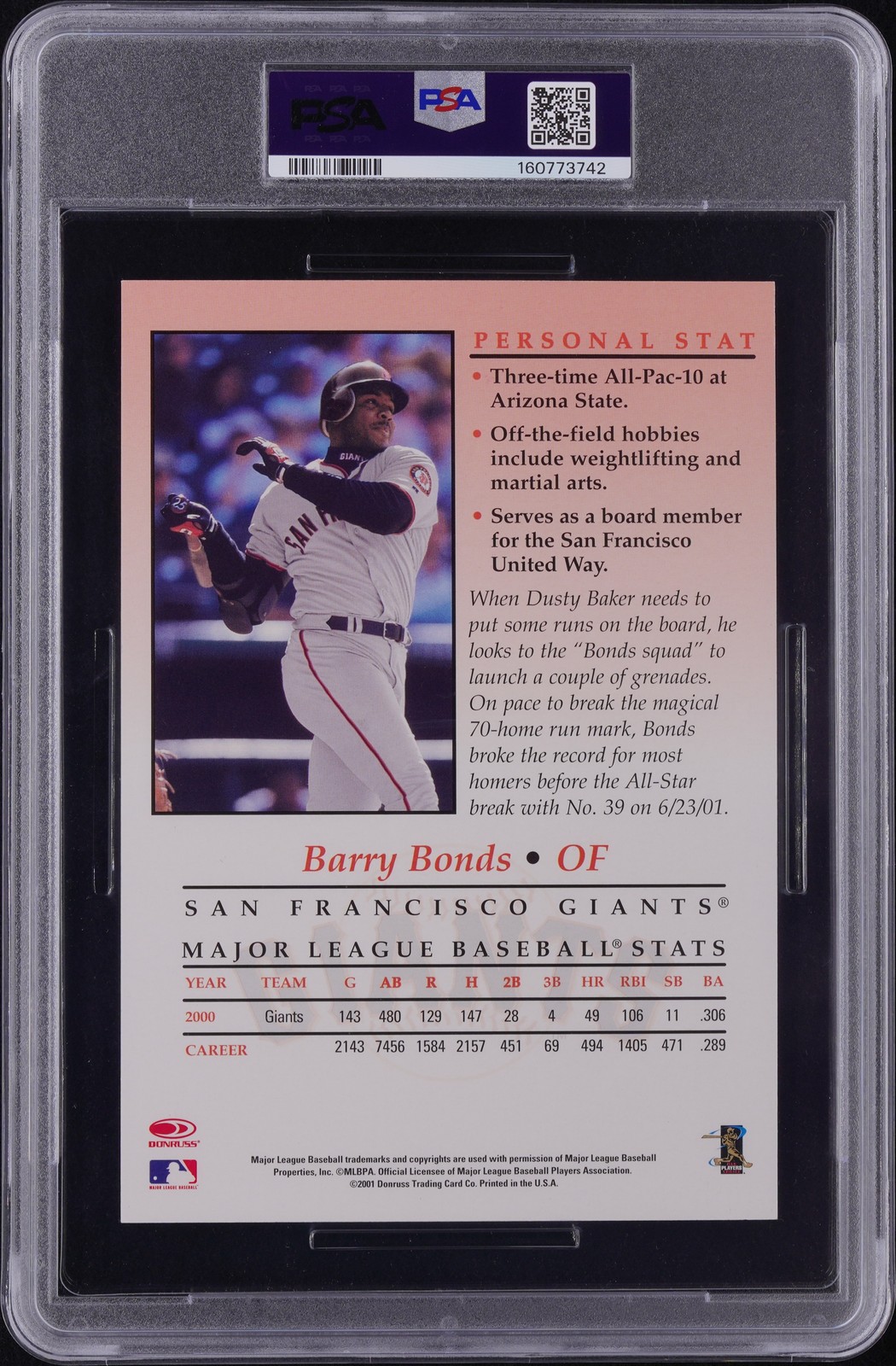 2001 STUDIO PRIVATE SIGNINGS JUMBO BARRY BONDS PSA 8 AUTO 10 view 2