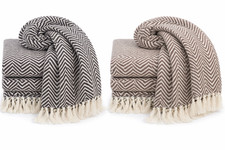 COTTON HERRINGBONE THROW FOR SOFAS BED RUNNER CHAIR BLANKET SOFT FRINGE TASSEL