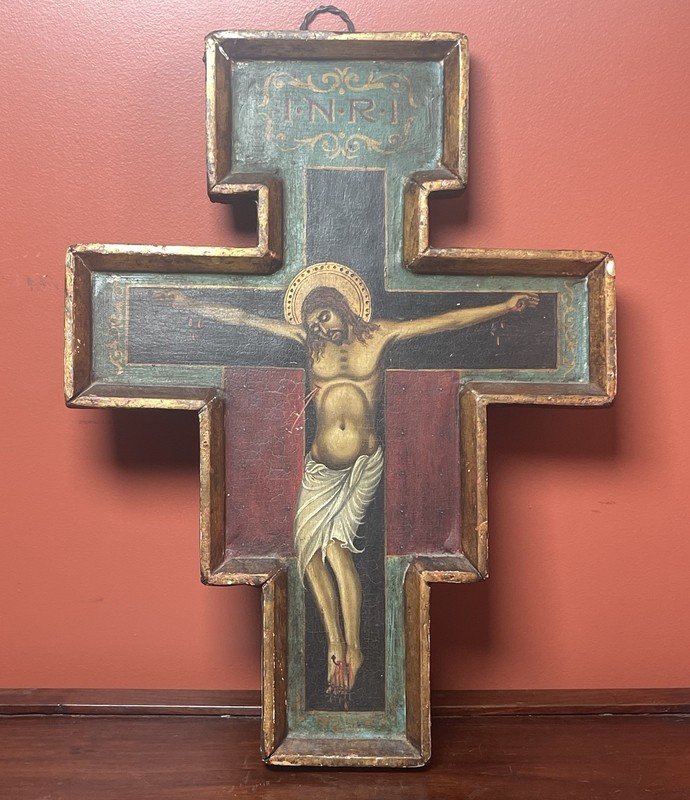 Antique Painted Wood San Damiano Style Crucifix Italian Religious Icon