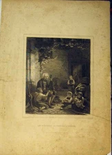 Original Old Antique Print Man Children Music Baby Flowers House