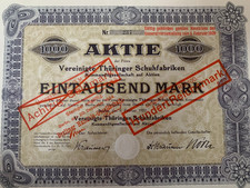 Vereinigte Th&uuml;ringer Schuhfabriken alte Aktie &uuml;ber 1000 Mark Berlin