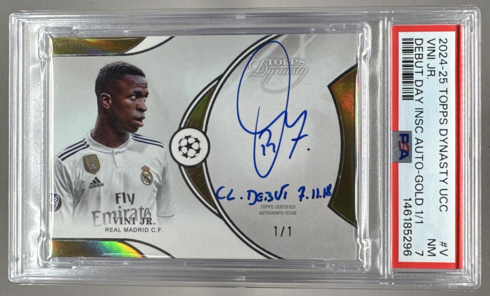 Vini Jr 2024 Topps Dynasty UEFA #DI-V Gold Debut Day Inscriptions Auto 1/1 PSA 7 view 1