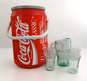 Vtg Coca Cola Coke Can Classic 20” Cooler w Glass Coke Pitcher & 2 Large Glasses