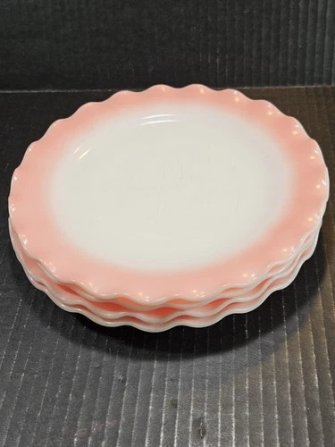 Four Vintage 1950"s Hazel Atlas Crinoline Pink & White Ruffled Edge 9" Plates