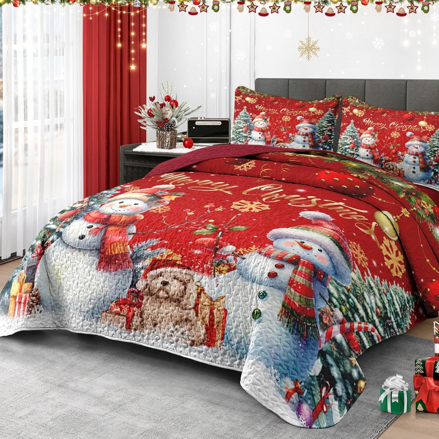 Christmas King Size Quilt Set, Dark Red Xmas Snowman Lightweight Bedspread Cover
