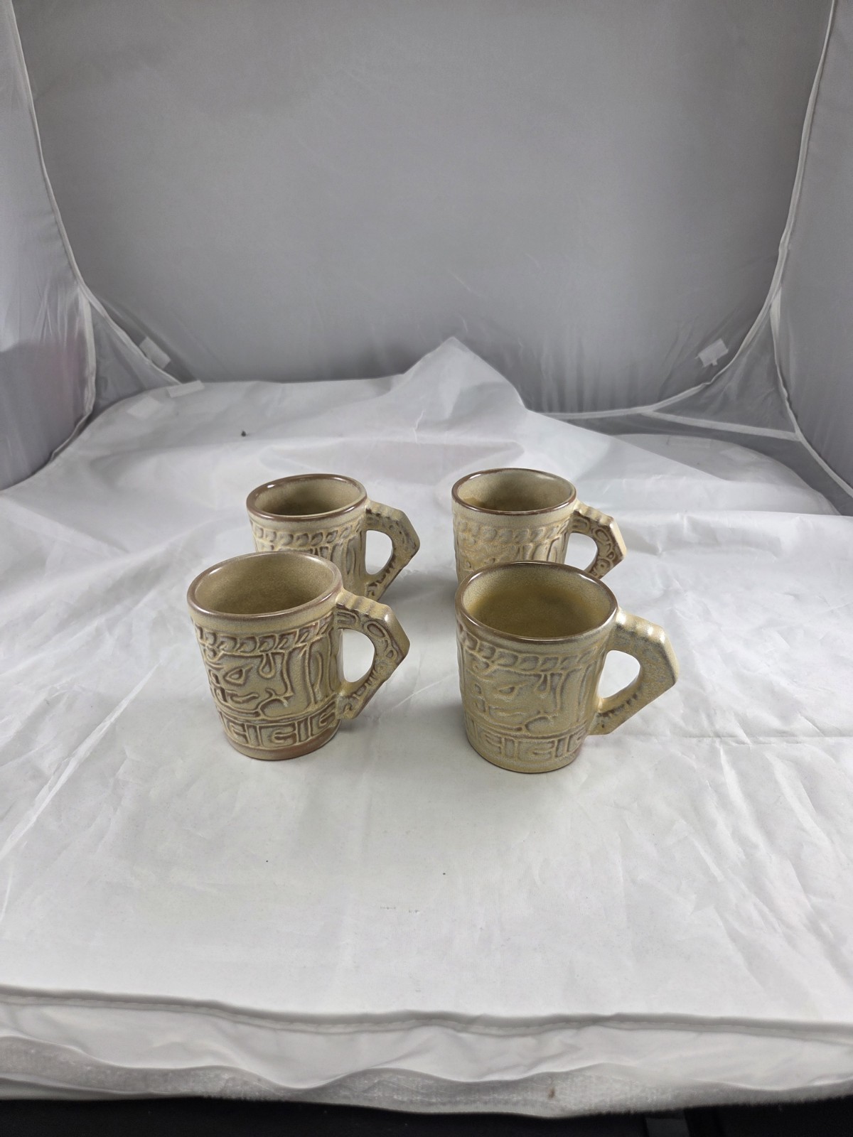 Set Of 4 Vintage Frankoma Pottery Mayan-Aztec Dessert Gold, Coffee Mugs